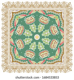 Decorative colorful ornament on white background, symmetric pattern with doodle lace frame. Tribal ethnic mandala decor. Bandana shawl, hijab, tablecloth fabric print, silk neck scarf, kerchief design