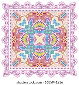 Decorative colorful ornament on white background, symmetric pattern with doodle lace frame. Tribal ethnic mandala decor. Bandana shawl, hijab, tablecloth fabric print, silk neck scarf, kerchief design