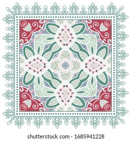 Decorative colorful ornament on white background, symmetric pattern with doodle lace frame. Tribal ethnic mandala decor. Bandana shawl, hijab, tablecloth fabric print, silk neck scarf, kerchief design