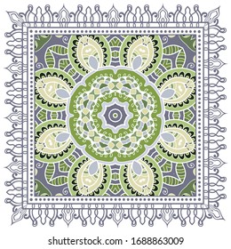 Decorative colorful ornament on white background, symmetric pattern with doodle lace frame. Tribal ethnic mandala decor. Bandana shawl, hijab, tablecloth fabric print, silk neck scarf, kerchief design