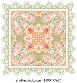 Decorative colorful ornament on white background, symmetric pattern with doodle lace frame. Tribal ethnic mandala decor. Bandana shawl, hijab, tablecloth fabric print, silk neck scarf, kerchief design