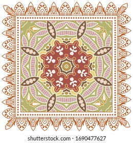 Decorative colorful ornament on white background, symmetric pattern with doodle lace frame. Tribal ethnic mandala decor. Bandana shawl, hijab, tablecloth fabric print, silk neck scarf, kerchief design