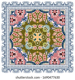 Decorative colorful ornament on white background, symmetric pattern with doodle lace frame. Tribal ethnic mandala decor. Bandana shawl, hijab, tablecloth fabric print, silk neck scarf, kerchief design
