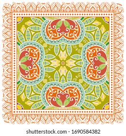 Decorative colorful ornament on white background, symmetric pattern with doodle lace frame. Tribal ethnic mandala decor. Bandana shawl, hijab, tablecloth fabric print, silk neck scarf, kerchief design