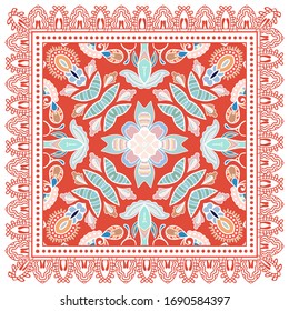 Decorative colorful ornament on white background, symmetric pattern with doodle lace frame. Tribal ethnic mandala decor. Bandana shawl, hijab, tablecloth fabric print, silk neck scarf, kerchief design