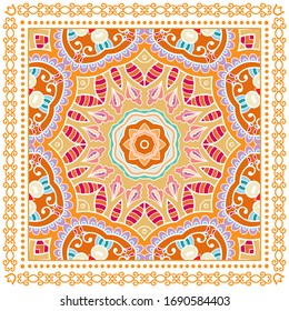 Decorative colorful ornament on white background, symmetric pattern with doodle lace frame. Tribal ethnic mandala decor. Bandana shawl, hijab, tablecloth fabric print, silk neck scarf, kerchief design