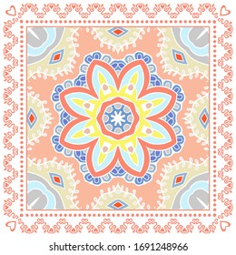 Decorative colorful ornament on white background, symmetric pattern with doodle lace frame. Tribal ethnic mandala decor. Bandana shawl, hijab, tablecloth fabric print, silk neck scarf, kerchief design