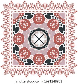 Decorative colorful ornament on white background, symmetric pattern with doodle lace frame. Tribal ethnic mandala decor. Bandana shawl, hijab, tablecloth fabric print, silk neck scarf, kerchief design