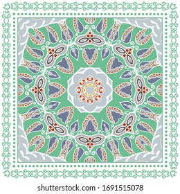 Decorative colorful ornament on white background, symmetric pattern with doodle lace frame. Tribal ethnic mandala decor. Bandana shawl, hijab, tablecloth fabric print, silk neck scarf, kerchief design