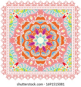 Decorative colorful ornament on white background, symmetric pattern with doodle lace frame. Tribal ethnic mandala decor. Bandana shawl, hijab, tablecloth fabric print, silk neck scarf, kerchief design