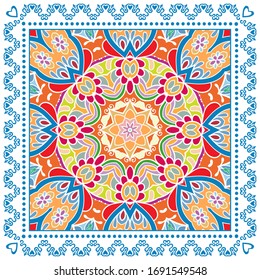 Decorative colorful ornament on white background, symmetric pattern with doodle lace frame. Tribal ethnic mandala decor. Bandana shawl, hijab, tablecloth fabric print, silk neck scarf, kerchief design