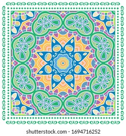 Decorative colorful ornament on white background, symmetric pattern with doodle lace frame. Tribal ethnic mandala decor. Bandana shawl, hijab, tablecloth fabric print, silk neck scarf, kerchief design