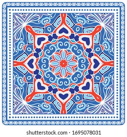 Decorative colorful ornament on white background, symmetric pattern with doodle lace frame. Tribal ethnic mandala decor. Bandana shawl, hijab, tablecloth fabric print, silk neck scarf, kerchief design