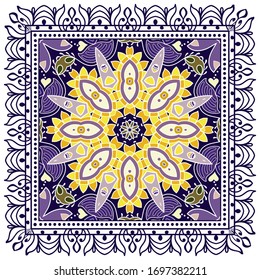 Decorative colorful ornament on white background, symmetric pattern with doodle lace frame. Tribal ethnic mandala decor. Bandana shawl, hijab, tablecloth fabric print, silk neck scarf, kerchief design