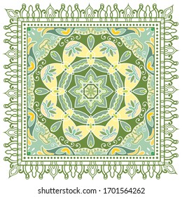 Decorative colorful ornament on white background, symmetric pattern with doodle lace frame. Tribal ethnic mandala decor. Bandana shawl, hijab, tablecloth fabric print, silk neck scarf, kerchief design
