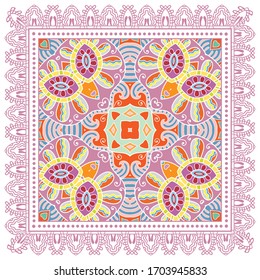 Decorative colorful ornament on white background, symmetric pattern with doodle lace frame. Tribal ethnic mandala decor. Bandana shawl, hijab, tablecloth fabric print, silk neck scarf, kerchief design
