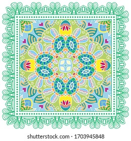 Decorative colorful ornament on white background, symmetric pattern with doodle lace frame. Tribal ethnic mandala decor. Bandana shawl, hijab, tablecloth fabric print, silk neck scarf, kerchief design