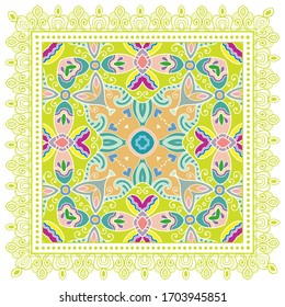 Decorative colorful ornament on white background, symmetric pattern with doodle lace frame. Tribal ethnic mandala decor. Bandana shawl, hijab, tablecloth fabric print, silk neck scarf, kerchief design