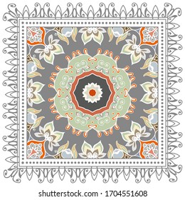 Decorative colorful ornament on white background, symmetric pattern with doodle lace frame. Tribal ethnic mandala decor. Bandana shawl, hijab, tablecloth fabric print, silk neck scarf, kerchief design