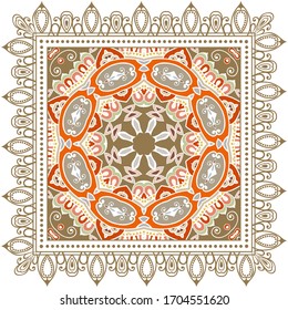 Decorative colorful ornament on white background, symmetric pattern with doodle lace frame. Tribal ethnic mandala decor. Bandana shawl, hijab, tablecloth fabric print, silk neck scarf, kerchief design