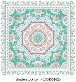 Decorative colorful ornament on white background, symmetric pattern with doodle lace frame. Tribal ethnic mandala decor. Bandana shawl, hijab, tablecloth fabric print, silk neck scarf, kerchief design