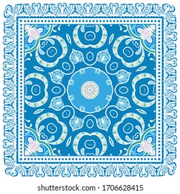 Decorative colorful ornament on white background, symmetric pattern with doodle lace frame. Tribal ethnic mandala decor. Bandana shawl, hijab, tablecloth fabric print, silk neck scarf, kerchief design