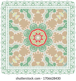 Decorative colorful ornament on white background, symmetric pattern with doodle lace frame. Tribal ethnic mandala decor. Bandana shawl, hijab, tablecloth fabric print, silk neck scarf, kerchief design