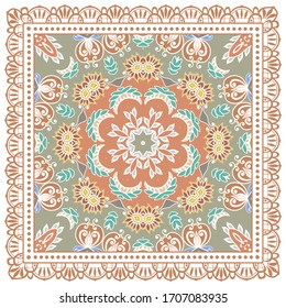 Decorative colorful ornament on white background, symmetric pattern with doodle lace frame. Tribal ethnic mandala decor. Bandana shawl, hijab, tablecloth fabric print, silk neck scarf, kerchief design