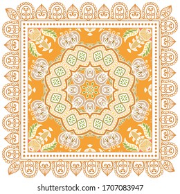 Decorative colorful ornament on white background, symmetric pattern with doodle lace frame. Tribal ethnic mandala decor. Bandana shawl, hijab, tablecloth fabric print, silk neck scarf, kerchief design