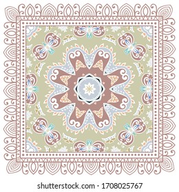 Decorative colorful ornament on white background, symmetric pattern with doodle lace frame. Tribal ethnic mandala decor. Bandana shawl, hijab, tablecloth fabric print, silk neck scarf, kerchief design