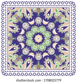 Decorative colorful ornament on white background, symmetric pattern with doodle lace frame. Tribal ethnic mandala decor. Bandana shawl, hijab, tablecloth fabric print, silk neck scarf, kerchief design