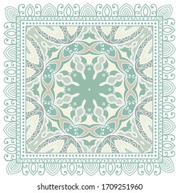 Decorative colorful ornament on white background, symmetric pattern with doodle lace frame. Tribal ethnic mandala decor. Bandana shawl, hijab, tablecloth fabric print, silk neck scarf, kerchief design