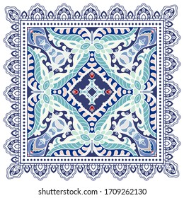 Decorative colorful ornament on white background, symmetric pattern with doodle lace frame. Tribal ethnic mandala decor. Bandana shawl, hijab, tablecloth fabric print, silk neck scarf, kerchief design