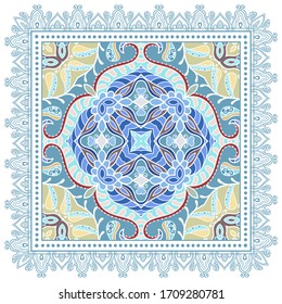 Decorative colorful ornament on white background, symmetric pattern with doodle lace frame. Tribal ethnic mandala decor. Bandana shawl, hijab, tablecloth fabric print, silk neck scarf, kerchief design