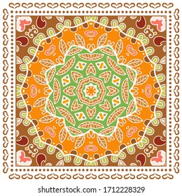 Decorative colorful ornament on white background, symmetric pattern with doodle lace frame. Tribal ethnic mandala decor. Bandana shawl, hijab, tablecloth fabric print, silk neck scarf, kerchief design