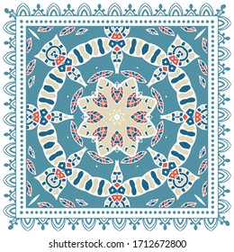 Decorative colorful ornament on white background, symmetric pattern with doodle lace frame. Tribal ethnic mandala decor. Bandana shawl, hijab, tablecloth fabric print, silk neck scarf, kerchief design
