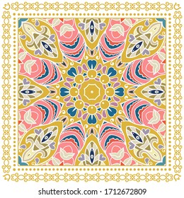 Decorative colorful ornament on white background, symmetric pattern with doodle lace frame. Tribal ethnic mandala decor. Bandana shawl, hijab, tablecloth fabric print, silk neck scarf, kerchief design