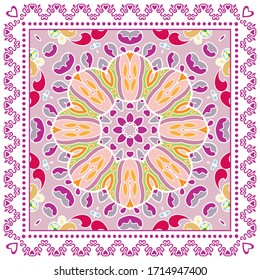 Decorative colorful ornament on white background, symmetric pattern with doodle lace frame. Tribal ethnic mandala decor. Bandana shawl, hijab, tablecloth fabric print, silk neck scarf, kerchief design