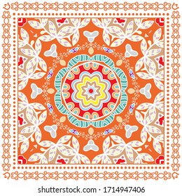 Decorative colorful ornament on white background, symmetric pattern with doodle lace frame. Tribal ethnic mandala decor. Bandana shawl, hijab, tablecloth fabric print, silk neck scarf, kerchief design