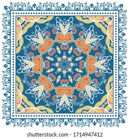 Decorative colorful ornament on white background, symmetric pattern with doodle lace frame. Tribal ethnic mandala decor. Bandana shawl, hijab, tablecloth fabric print, silk neck scarf, kerchief design