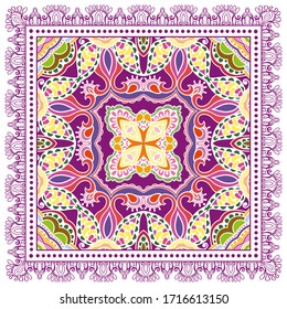 Decorative colorful ornament on white background, symmetric pattern with doodle lace frame. Tribal ethnic mandala decor. Bandana shawl, hijab, tablecloth fabric print, silk neck scarf, kerchief design