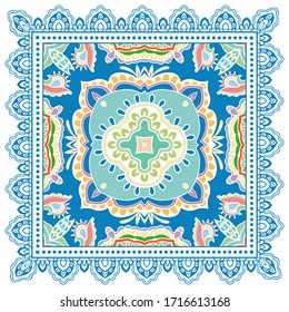 Decorative colorful ornament on white background, symmetric pattern with doodle lace frame. Tribal ethnic mandala decor. Bandana shawl, hijab, tablecloth fabric print, silk neck scarf, kerchief design