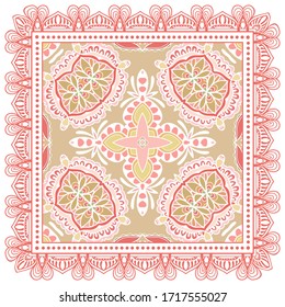 Decorative colorful ornament on white background, symmetric pattern with doodle lace frame. Tribal ethnic mandala decor. Bandana shawl, hijab, tablecloth fabric print, silk neck scarf, kerchief design