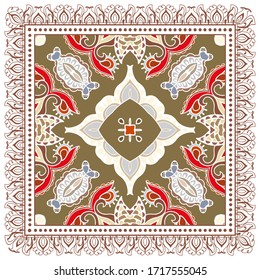 Decorative colorful ornament on white background, symmetric pattern with doodle lace frame. Tribal ethnic mandala decor. Bandana shawl, hijab, tablecloth fabric print, silk neck scarf, kerchief design