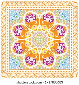 Decorative colorful ornament on white background, symmetric pattern with doodle lace frame. Tribal ethnic mandala decor. Bandana shawl, hijab, tablecloth fabric print, silk neck scarf, kerchief design