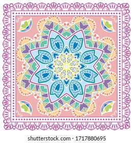 Decorative colorful ornament on white background, symmetric pattern with doodle lace frame. Tribal ethnic mandala decor. Bandana shawl, hijab, tablecloth fabric print, silk neck scarf, kerchief design