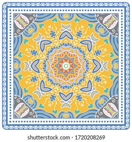 Decorative colorful ornament on white background, symmetric pattern with doodle lace frame. Tribal ethnic mandala decor. Bandana shawl, hijab, tablecloth fabric print, silk neck scarf, kerchief design