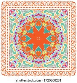 Decorative colorful ornament on white background, symmetric pattern with doodle lace frame. Tribal ethnic mandala decor. Bandana shawl, hijab, tablecloth fabric print, silk neck scarf, kerchief design