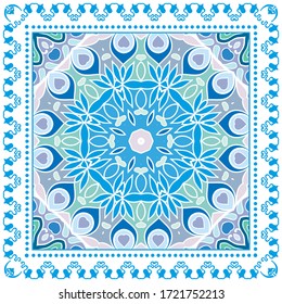Decorative colorful ornament on white background, symmetric pattern with doodle lace frame. Tribal ethnic mandala decor. Bandana shawl, hijab, tablecloth fabric print, silk neck scarf, kerchief design