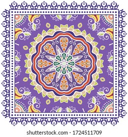 Decorative colorful ornament on white background, symmetric pattern with doodle lace frame. Tribal ethnic mandala decor. Bandana shawl, hijab, tablecloth fabric print, silk neck scarf, kerchief design